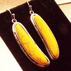 YELLOW FAUX TURQUOISE STONE SILVER LONG BEAN SHAPED EARRINGS 50